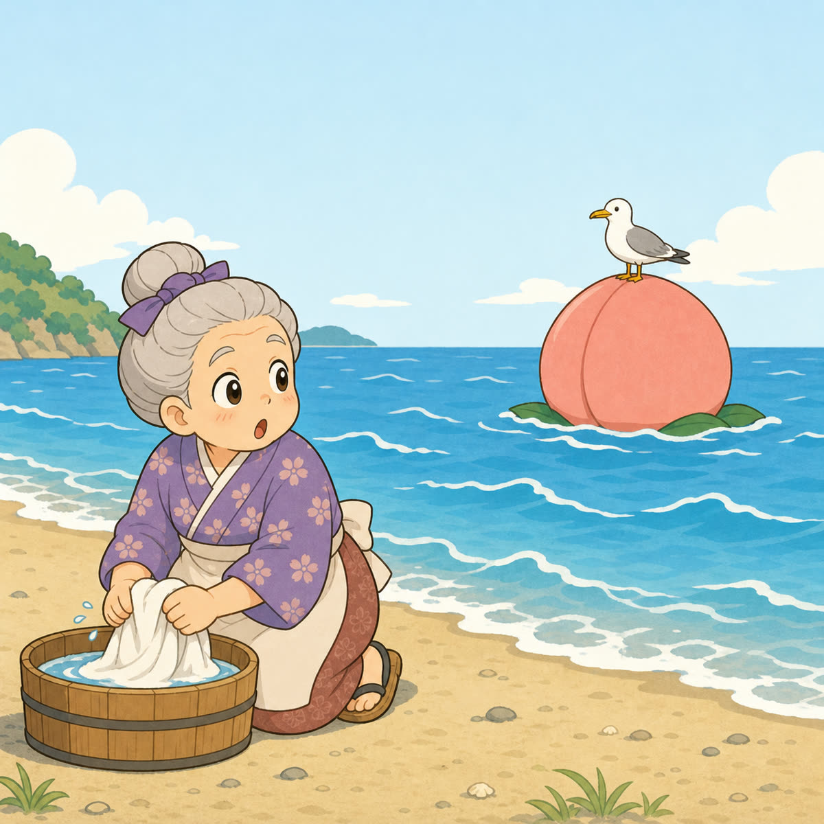 浜辺で洗濯するおばあさんと、波間に浮かぶ大きな桃