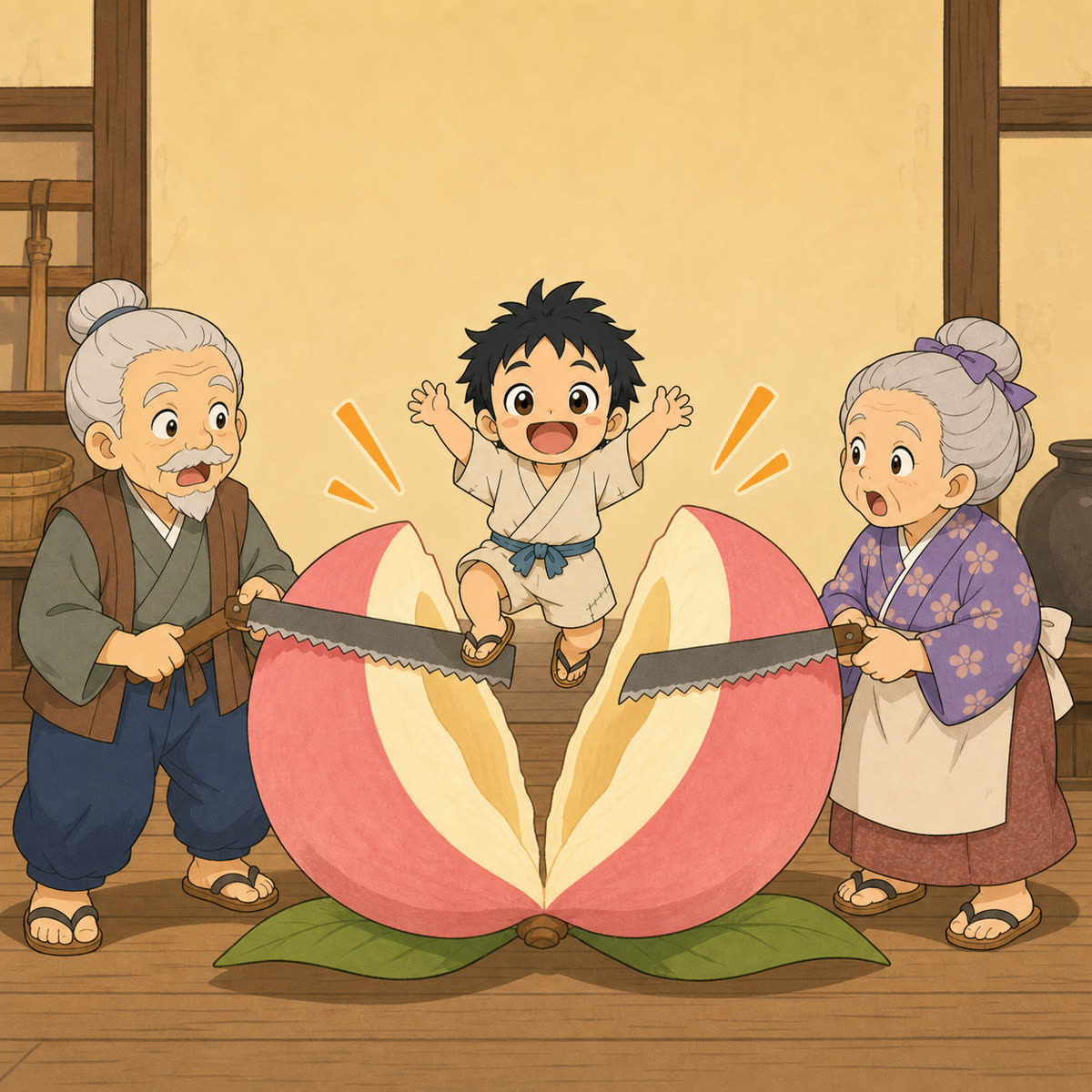 割れた桃から元気に飛び出す男の子と、驚くおじいさんとおばあさん